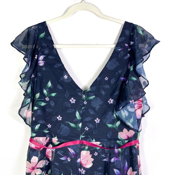 Marchesa Notte Floral Flutter Sleeve Dress Navy Blue V Neck Midi Ruffle Sz 8 - Picture 9 of 10